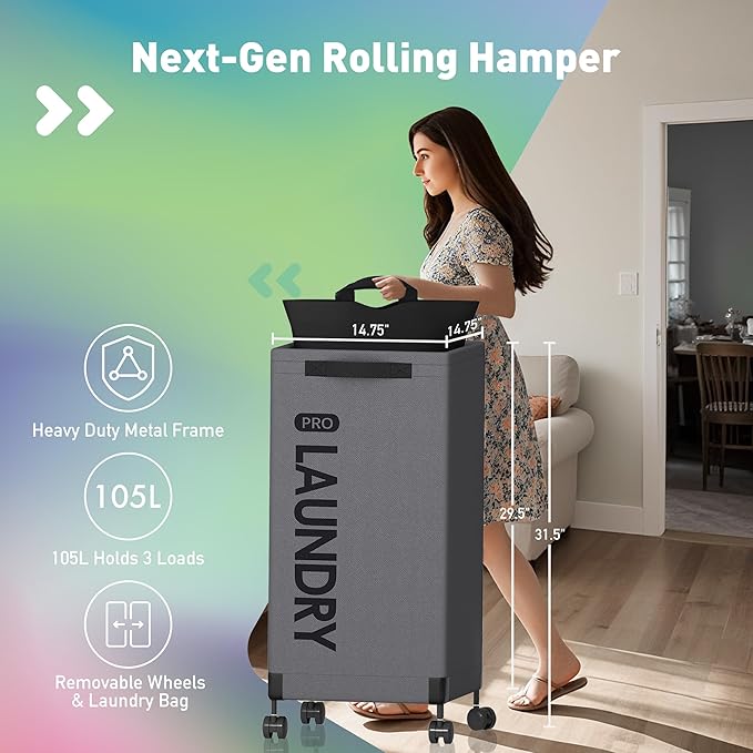 Caroeas Next-Gen 105L Matel Frame Laundry Basket with wheels, Heavy Duty Tall Rolling Laundry Hamper with Removable Wash Bag, Collapsible Freestanding Clothes Hamper For Laundry Room (100L,Grey,1Pack)
