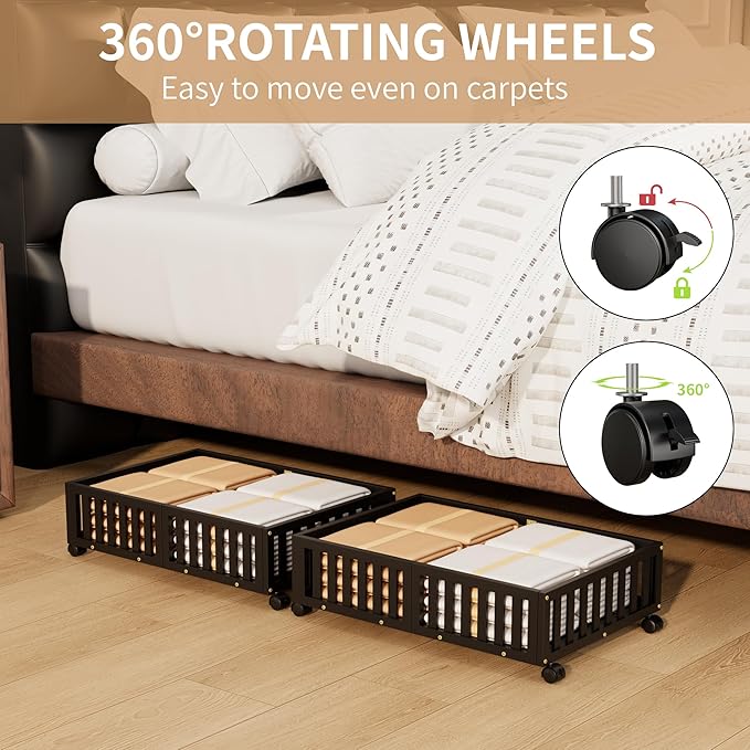 Bamboo Under Bed Storage with Wheels (2-Pack) – Rolling Underbed Shoe Organizer Box for Shoes, Blankets, Toys, Clothes Container Space-Saving Organizer Bins for Bedroom, Closet, Dorm, Nursery-NeatNest