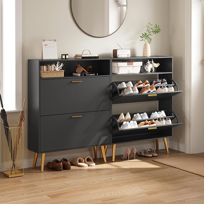 Entryway Shoe Cabinet, Black Shoe Storage Cabinet with 2 Flip Doors and Shelf, Narrow Hidden Shoe Organizer Cabinet Slim, Freestanding Shoe Rack for Entryway, Black-NeatNest
