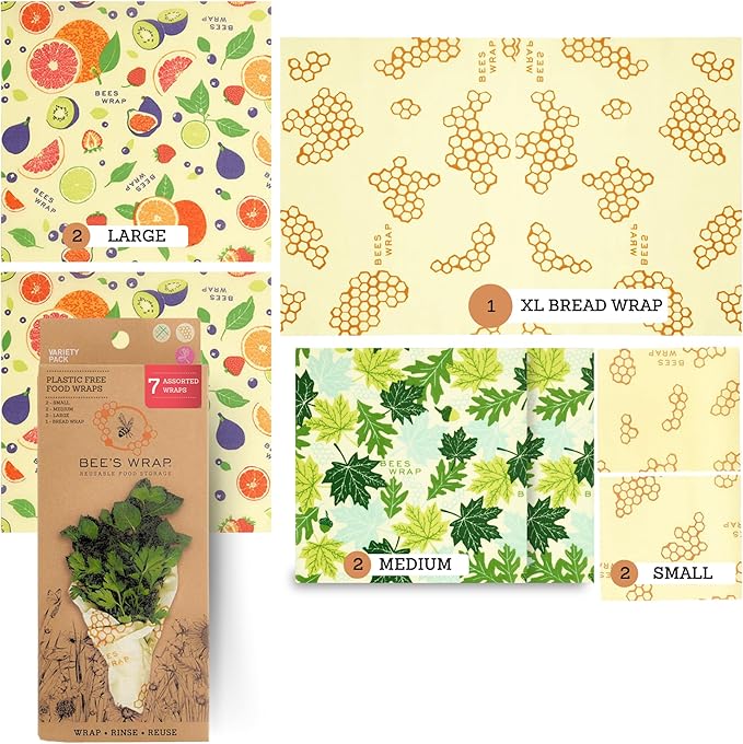 Bee's Wrap Beeswax Wraps for Food - Assorted 7 Pack (2S, 2M, 2L, & 1 Bread) Made in USA Reusable & Organic Food Wraps & Bowl Covers - Eco-Friendly Alternative to Aluminum Foil & Plastic Wrap-NeatNest