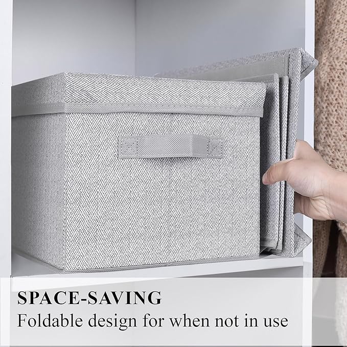 WUIKE 3 Pack Large Storage Bins with Lids, Fabric Closet Shelf Organizers, FoldableStorage Baskets with Cover for Bedroom, Herringbone Gray-NeatNest