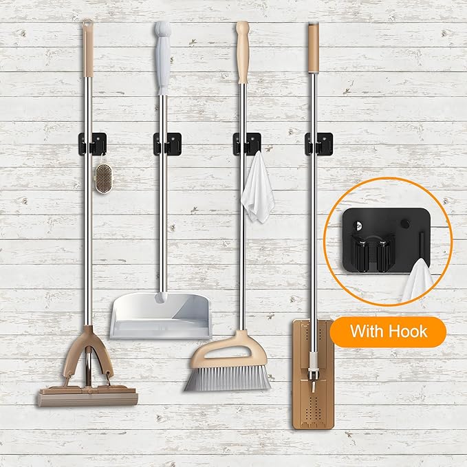 4 Pack Stainless Steel Broom Holder Wall Mount with Hook, Screw Drilling Broom and Mop Organizer Wall Hanging, Heavy Duty Storage Rack for Laundry Garage Closet Garden Tool Organizer, Black-NeatNest
