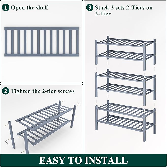 Smiry Shoe Rack, 6 Tier Thick Bamboo Shoe Organizer, Stackable Free Standing Wooden Shoe Storage Shelf for Closet, Entryway, Front Door Entrance, Grey-NeatNest