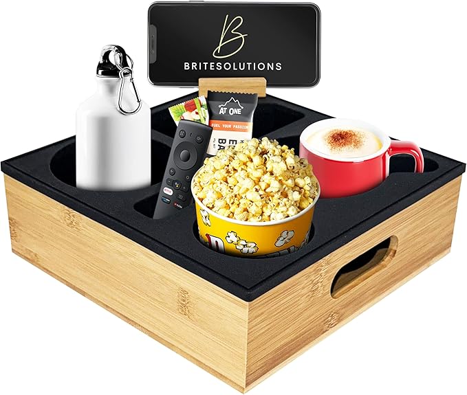 Bamboo Couch Cup Holder ā 100% Wood Frame & Removable BPA-Free Silicone ā Waterproof Anti-Spill Couch Tray & Couch Caddy for Bed, Sofa & Car Seat ā Holds Snacks, Beverages & Remote-NeatNest