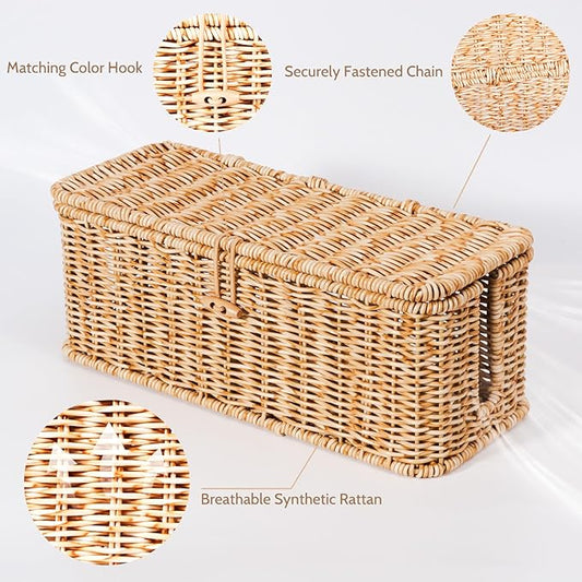 BROWNLILY Cable Management Box, Rattan Style Cord Organizer for Desk Cord Hider Outlet Covers Baby Proofing for Power Strip TV PC Router Charger Under Desk Storage with Lockable Lid and Cable Ties-NeatNest
