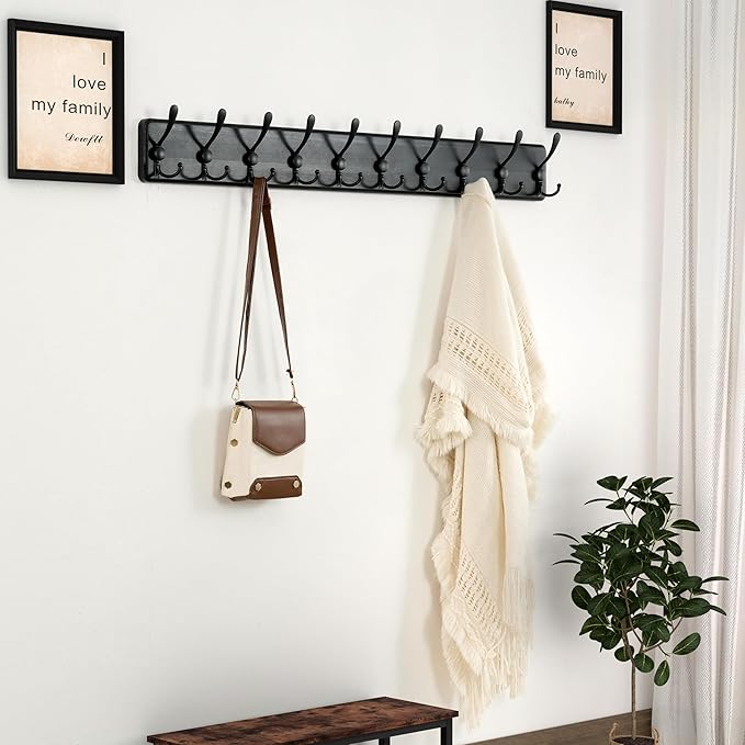 Dseap Coat Rack Wall Mounted - 10 Tri Hooks, 38-1/4" Long, Heavy Duty Wooden Wall Coat Hanger Coat Hook for Clothes Hat Jacket Clothing, Black, Pack of 2