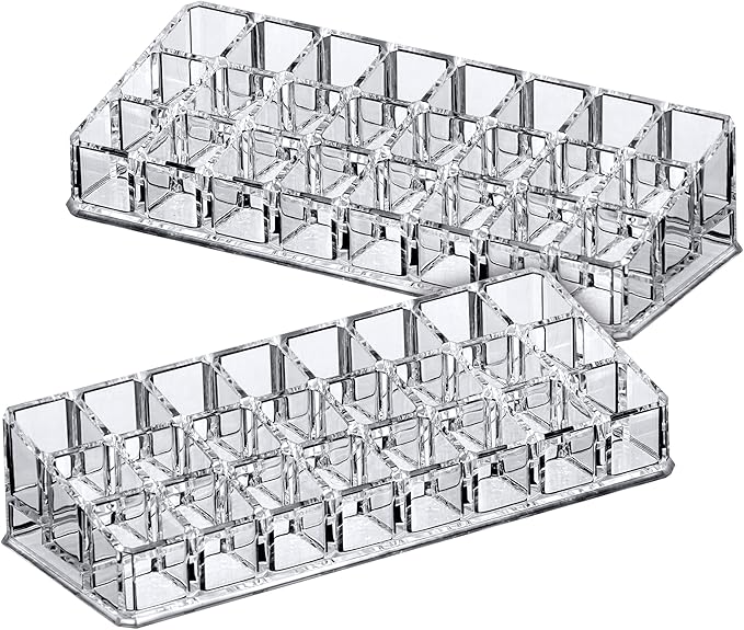 Amazing Abby - Glamour - 2-Pack 24-Slot Acrylic Lipstick Organizer, Lipstick Holder, Lip Gloss Holder, Cosmetic Storage Display, Perfect Storage Solution for Drawer and Vanity (Slot Size: 0.9" x 0.9")-NeatNest