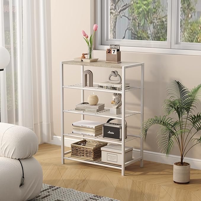 HOMEFORT 5-Tier Shoe Rack, Storage Shelf, Industrial Tower, Narrow Organizer for Closet Entryway, Small Table With Durable Metal Shelves, White Oak-NeatNest
