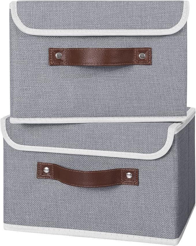 ANMINY 4PCS Storage Bins with Lid PU Leather Handles Storage Boxes PP Plastic Board Decorative Foldable Lidded Cotton Linen Fabric Home Cubes Baskets Closet Organizer Containers - Gray, Small Size-NeatNest