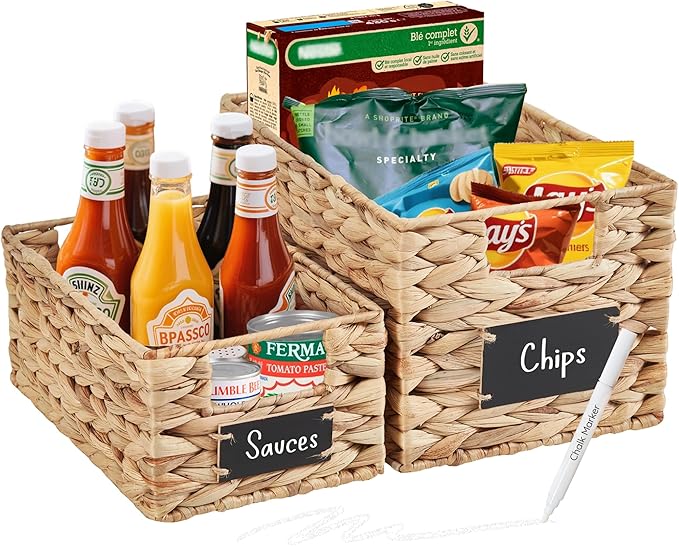DECOMOMO Wicker Storage Baskets, Handwoven Pantry Baskets, Water Hyacinth Storage Baskets w/Chalkboard and Marker (Natural, Set of 2)-NeatNest