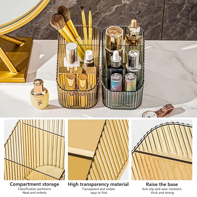 DASITON Large Capacity Makeup Brush Holder,3 Slot Makeup Brush Cup,Vintage striped Make Up Brush Holder,for Vanity Decor,Bathroom Countertops,Desk Storage Container,Cosmetic Display cases(Amber-S)-NeatNest