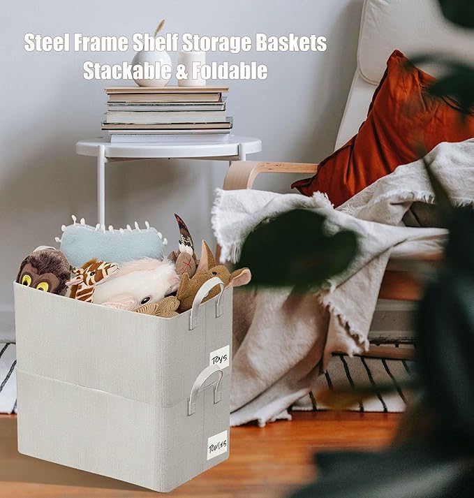 AARAINBOW 4 Pcs Closet Clothes Organizer with Handle, Fabric Storage Box with Steel Frame Stackable Shelf Storage Baskets Foldable Fabric Storage Baskets for Organizing Clothes Toys, 23L (B 4 White)-NeatNest