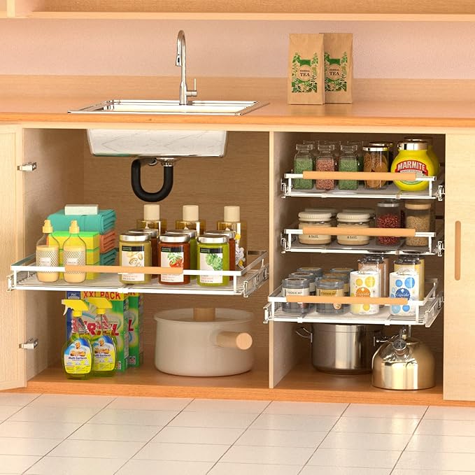 Adjustable Pull Out Shelves for Kitchen Cabinet, Expandable Pull Out Drawders for Cabinets, Pull Out Cabinet Organizer Roll Out Drawers, Stainless Steel, Cabinet Width 16.2" - 26.2", 1 Pack-NeatNest