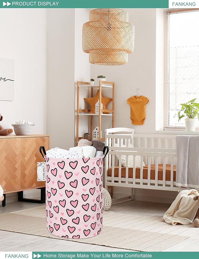 FANKANG Storage Basket, Nursery Hamper Canvas Laundry Basket Foldable with Waterproof PE Coating Large Storage Baskets for Kids Boys and Girls, Office, Bedroom, Clothes,Toys(Pink Love)