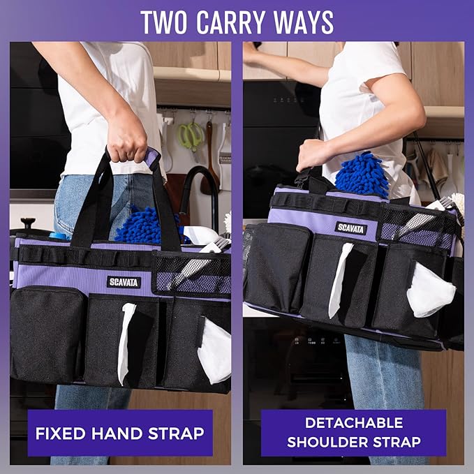 Wearable Cleaning Caddy Bag, Cleaning Caddy Supplies Organizer with Handle & Shoulder Straps for Housekeepers, Under Sink & Car Cleaning Tool Organizers with 4 Foldable Divider (Purple)