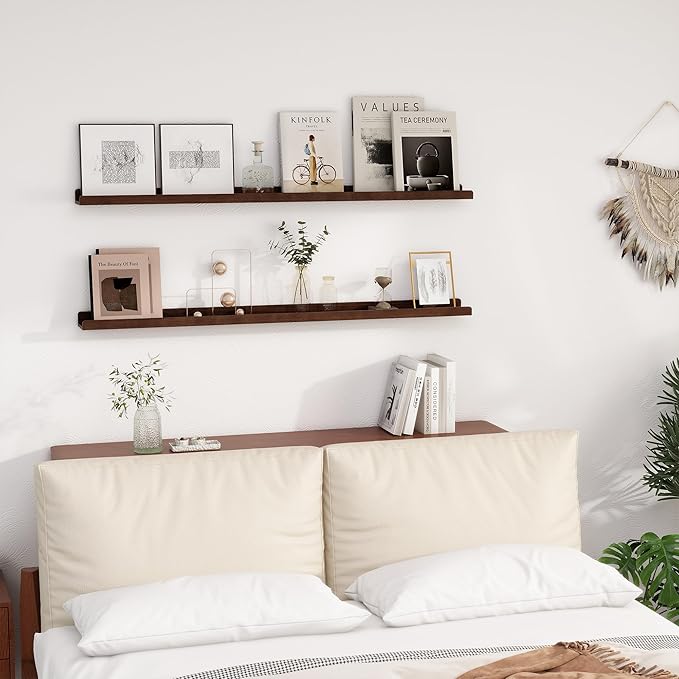 Floating Shelves for Wall | Picture Ledge Shelf Set of 2 | Solid Ash Wood Floating Shelves with Lip | 55 Inch Dark Wood Picture Shelf for Wall with Ledge | Photo Ledge Shelves-NeatNest