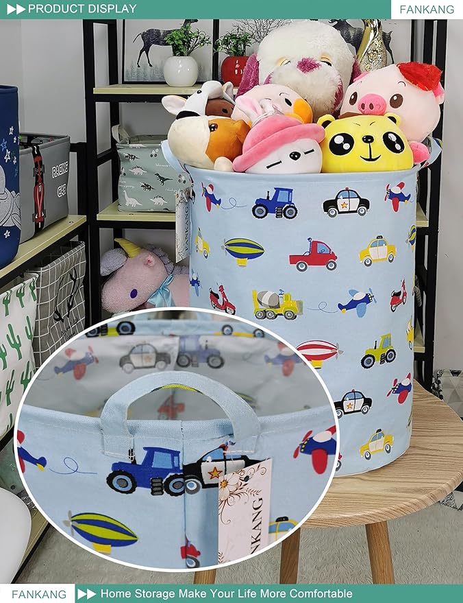 FANKANG Storage Basket, Nursery Hamper Canvas Laundry Basket Foldable with Waterproof PE Coating Large Storage Baskets for Kids Boys and Girls, Office, Bedroom, Clothes,Toys(Car)