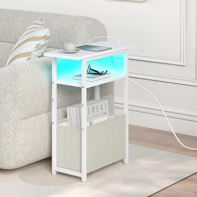 Narrow Side Table with Charging Station, LED End Table Set of 2 for Small Spaces, Skinny Nightstands Set 2 with Storage Basket, 3 Tier Sofa Bedside Tables for Living Room,Bedroom, White