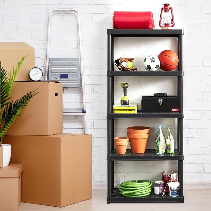Gracious Living 5 Shelf Fixed Height Ventilated Medium Duty Storage Unit 14 x 32 x 72" Organizer System for Home, Garage, Basement, & Laundry, Black