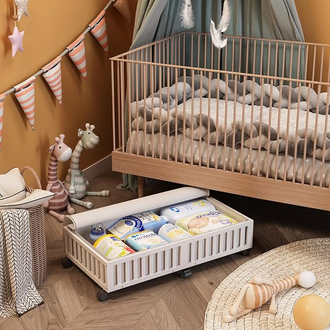 Bamboo Under Bed Storage Containers with Wheels, 2 Pack Large Under the Bed Shoe Storage Bins, Wood Rolling Underbed Drawers Organizer for Bedroom Closet Clothes Blanket Under Crib Toy White-NeatNest
