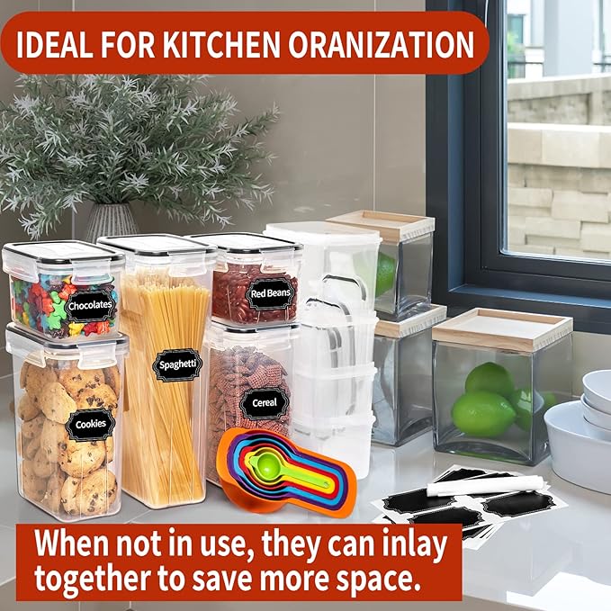 Skroam 14 Pack Airtight Food Storage Containers for Kitchen Pantry Organization and Storage, Plastic Canister Set with Lids, Cereal, Flour & Sugar Containers- Spoon Set, Labels & Marker