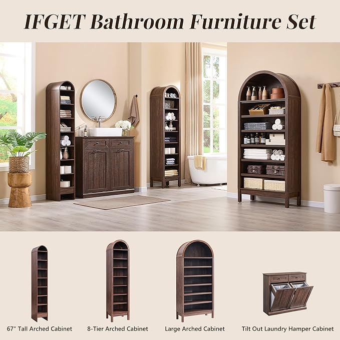 67" Tall Arched Shoe Storage Cabinet, 8 Tiers 8 Pairs Wooden Shoe Rack with 3 Adjustable Shelves, Freestanding Shoe Closet Shelf Organizer for Entryway, Hallway, Living Room (Brown)-NeatNest