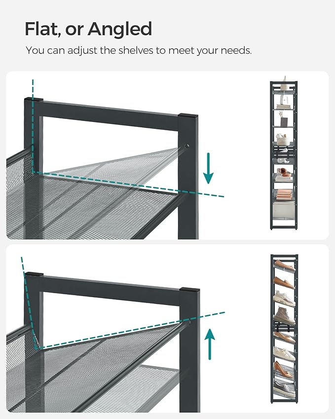 SONGMICS Shoe Rack, 8-Tier Shoe Organizer, Metal Rack for Garage, Set of 2, 4-Tier Stackable Shelf, with Adjustable Flat or Angled Shelves, 32-40 Pairs, Charcoal Gray ULMR08GB-NeatNest