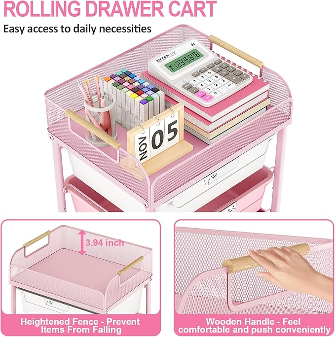 Rolling Cart with 4 Drawers,4 Tiers Rolling Utility Cart Craft Cart,Rolling Storage Drawer Cart with Mesh Top,Storage Cart with Drawers & 4 PCS DIY Lable, Rose Pink