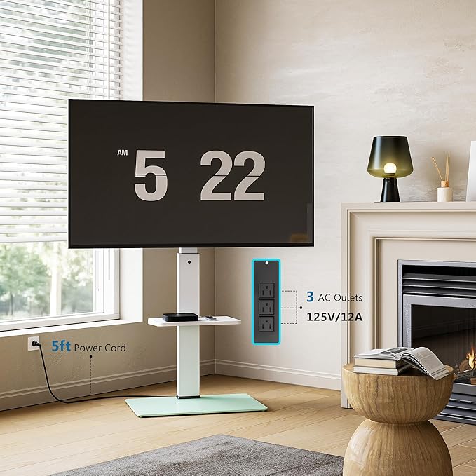 FITUEYES Floor TV Stand for 32-75 inch TV with Power Outlet, Tall TV Stand for Bedroom Living Room with Tempered Glass Base, Floor TV Mount Holds Up to 88lbs MAX VESA 600x400mm,White-NeatNest