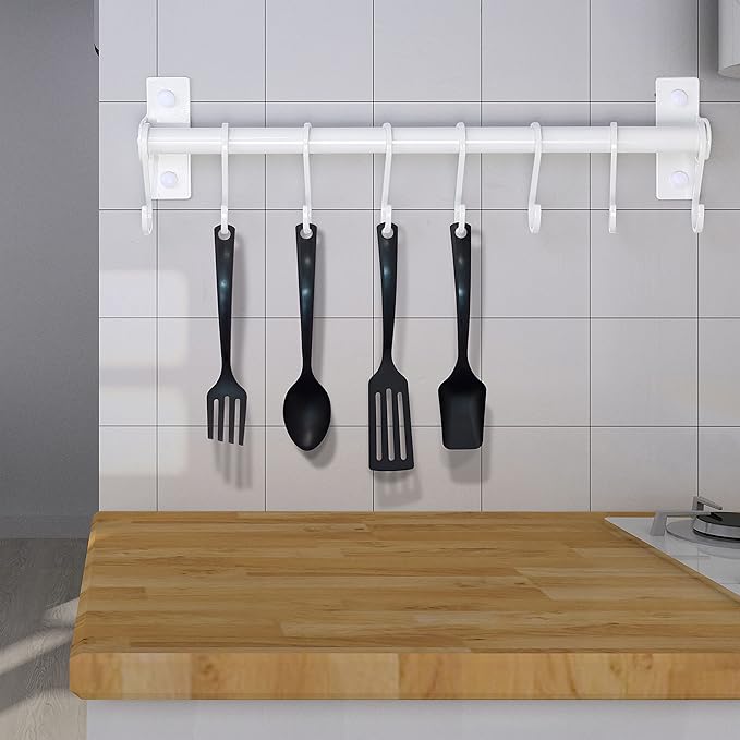 Dseap Kitchen Utensil Holder Hanger, Pot and Pan Rack Wall Mounted, Kitchen Rail with 8 Hooks for Hanging Cooking Utensils, Mugs, Spoons, Wall Mounted, White, Pack of 2-NeatNest
