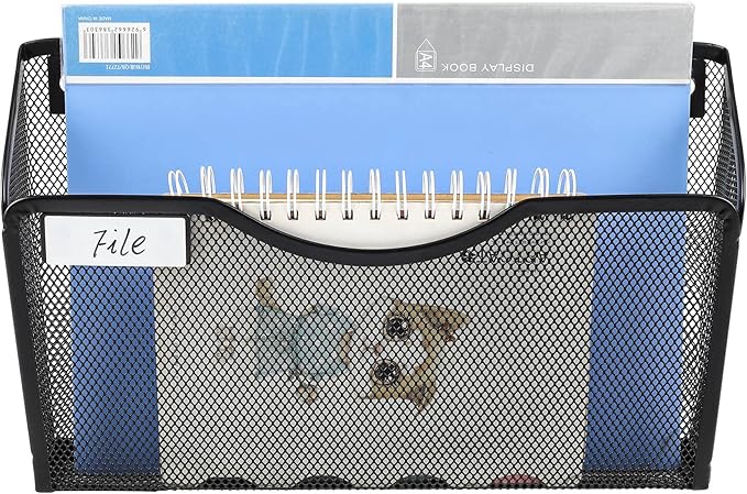 EasyPAG 6 Pack Wall File Holder with Label Panel, Single Mesh Hanging File Organizer for A4 Letter Size Paper, Wall Mount Paperwork Basket for Office, Home, School, Black