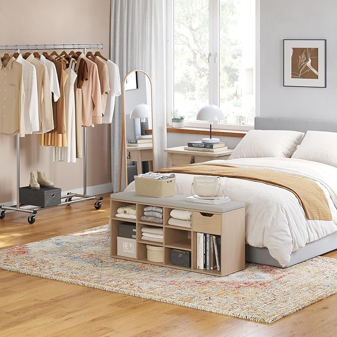 DINZI LVJ Shoe Storage Bench with Cushion, 11- Cubby Entryway Bench with Drawer and Adjustable Shelves, 40.9" Long Cubby Shoe Rack for Living Room, Bedroom, Mudroom, Natural and Cappuccino Beige-NeatNest