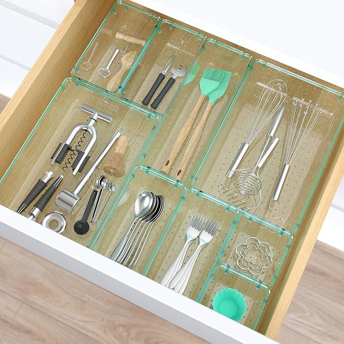 7 PCS Clear Plastic Drawer Organizers Set, 4 Size Desk Drawer Organizer Trays for Makeup, Jewelry, Kitchen Utensils, Gadgets and Office Accessories, Sea Blue-NeatNest