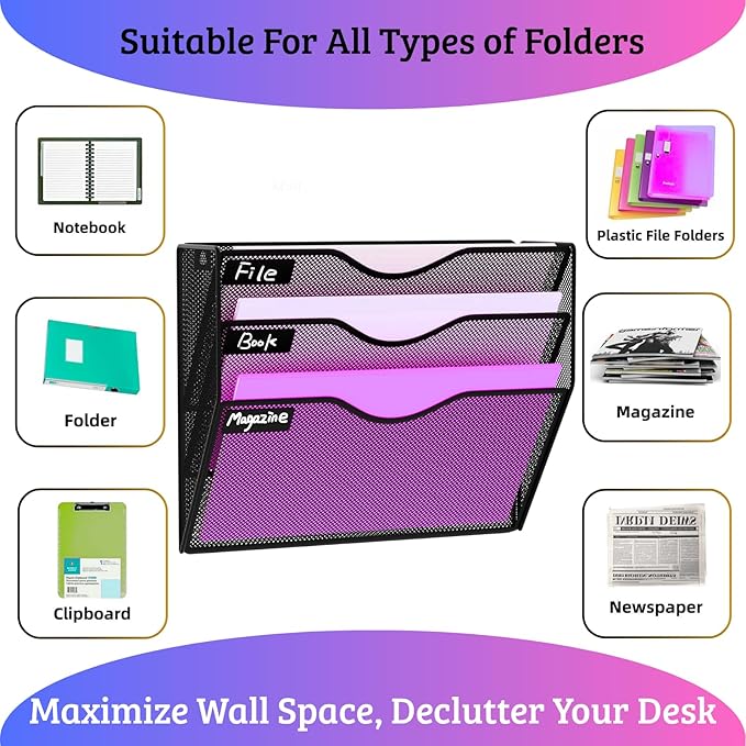 3 Pocket Wall File Holder Organizer, Mesh Hanging Wall Mounted Document Paper Folder Filing Magazine Rack with Nametag Label for Office Home School, 3 Tier Black