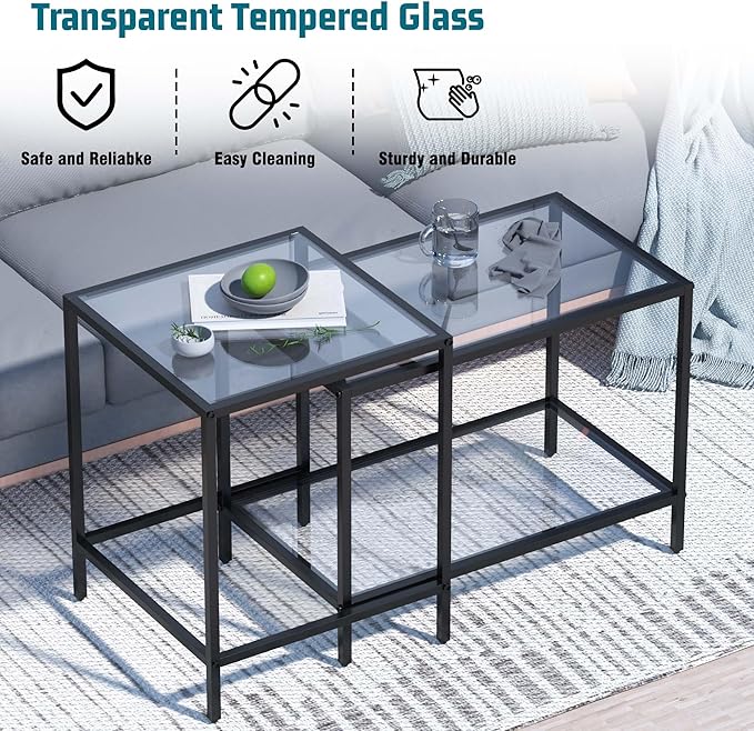 Nesting Coffee Table,Small Glass Coffee Table Set of 2,Black Modern Square Sofa Side Tea Table for Living Room,Bedroom and Small Spaces,2 Tier Tempered Glass with Sturdy Metal Frame, Easy Assembly