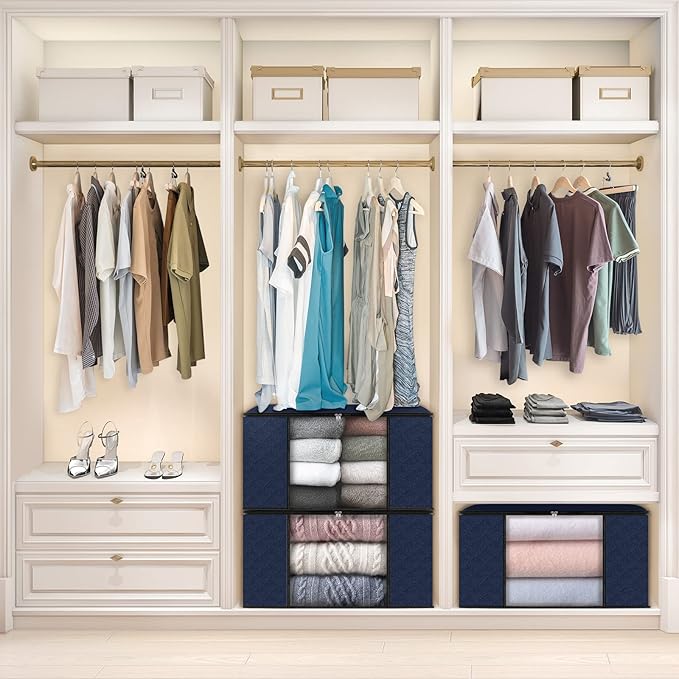 Fab totes 6 Pack Clothes Storage, Foldable Thick Fabric Blanket Storage Bags, Containers for Organizing Bedroom, Closet, Clothing, Comforter,Closet Organization with Handle,Blue-NeatNest