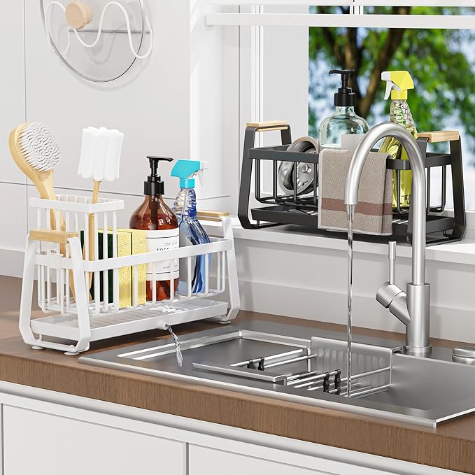 Doasuwish Kitchen Sink Caddy with High Brush Holder,Self-Draining kitchen Countertop Organizer,Rustproof 304 Stainless Steel,Non-Slip Stability High Storage Sponge Holder for Kitchen Sink White-NeatNest