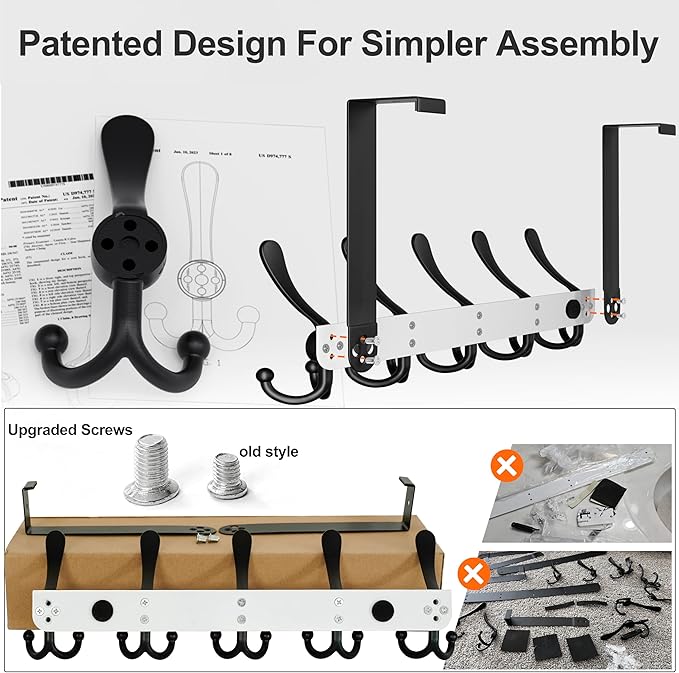 Dseap Over Door Hook 2.0 - Upgraded Version - Simple-Assembly, Strong, Heavy-Duty Stainless Steel 5-Tri-Hook Over The Door Hanger Rack, SimpleStrong Series, White & Black, Pack of 2