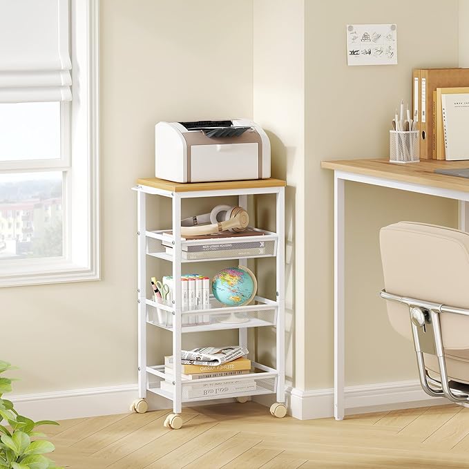 Hoctieon Rolling Storage Cart, 4-Tier Wide Panel Rolling Kitchen Storage Cart, Utility Cart with Handle & Wheels, Mobile Shelving Unit, Metal Frame Narrow Cart for Home Kitchen, Laundry, Oak Beige