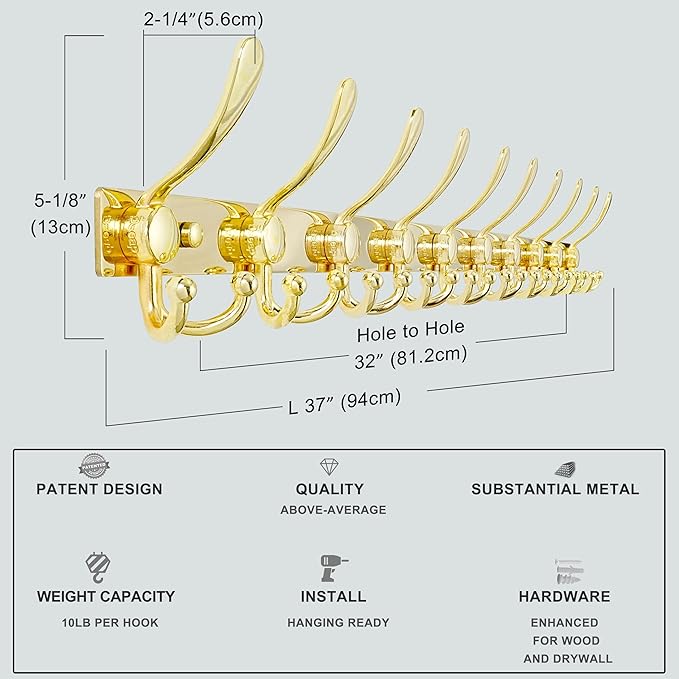 Dseap MaxStrong 2.0 Coat Rack Wall - 37” Long 10 Tri Hooks - Ultra Heavy-Duty Stainless Steel Wall Mount Coat Hanger, Hook Rail for Clothes Hats Jacket Towels Gold, Pack of 2