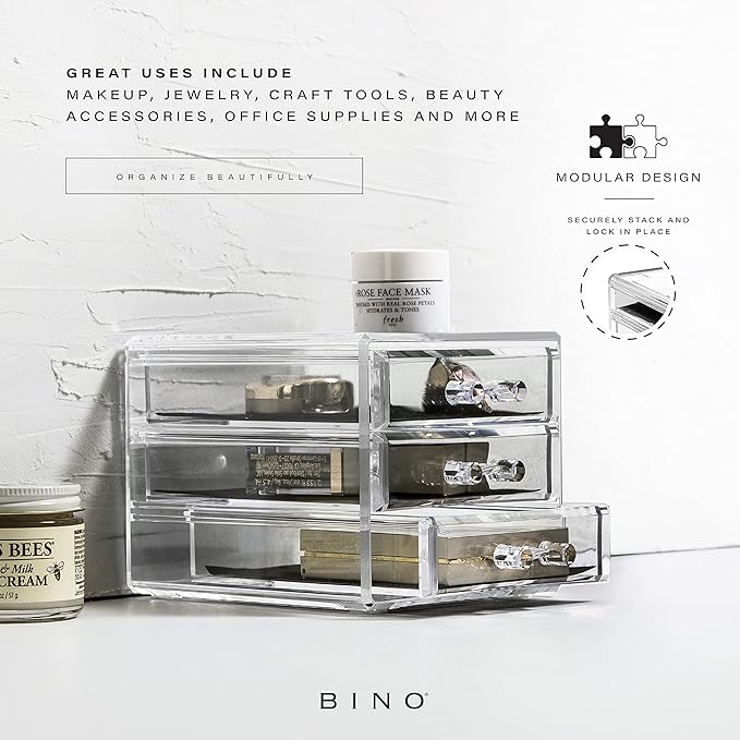 BINO THE MANHATTAN SERIES Acrylic Makeup Drawer Organizer- 3 Drawer Small | Clear Beauty Organizers and Storage| Cosmetic & Makeup Drawer| Home Organization| Jewelry & Vanity Accessories Drawer-NeatNest