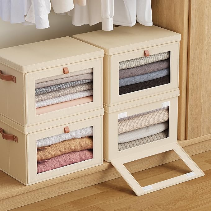 Tuza 2 Pack Foldable Storage Bins - Fabric Decorative Storage Boxes with Handles & Window, Collapsible Organizer for Closet, Shelf, Dorm Room