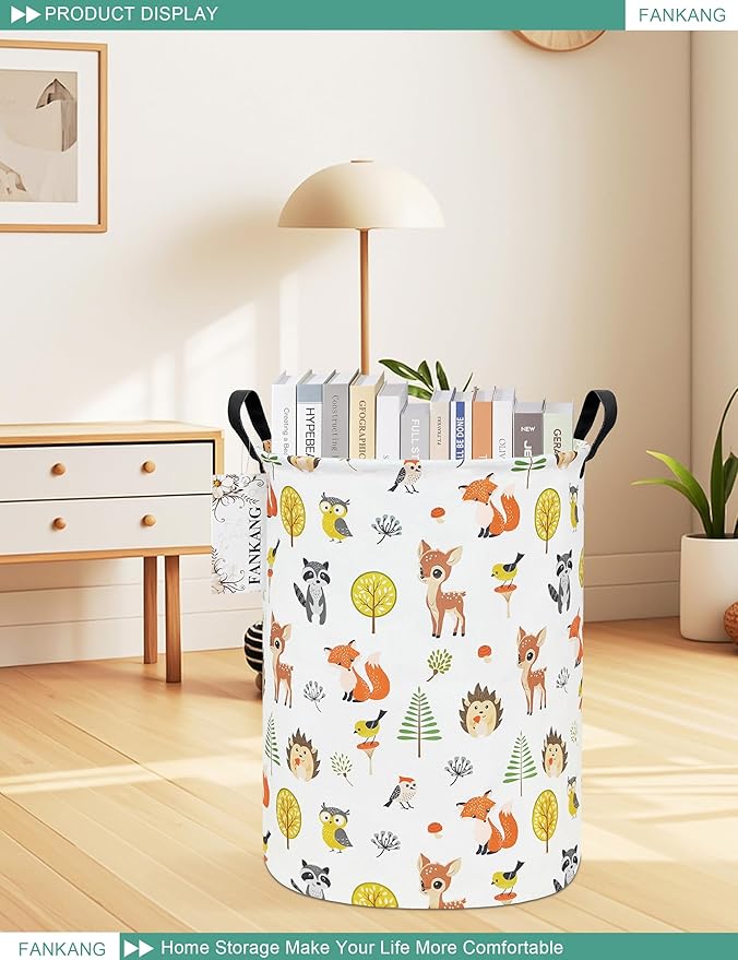 FANKANG Storage Basket, Nursery Hamper Canvas Laundry Basket Foldable with Waterproof PE Coating Large Storage Baskets for Kids Boys and Girls, Office, Bedroom, Clothes,Toys(deer)