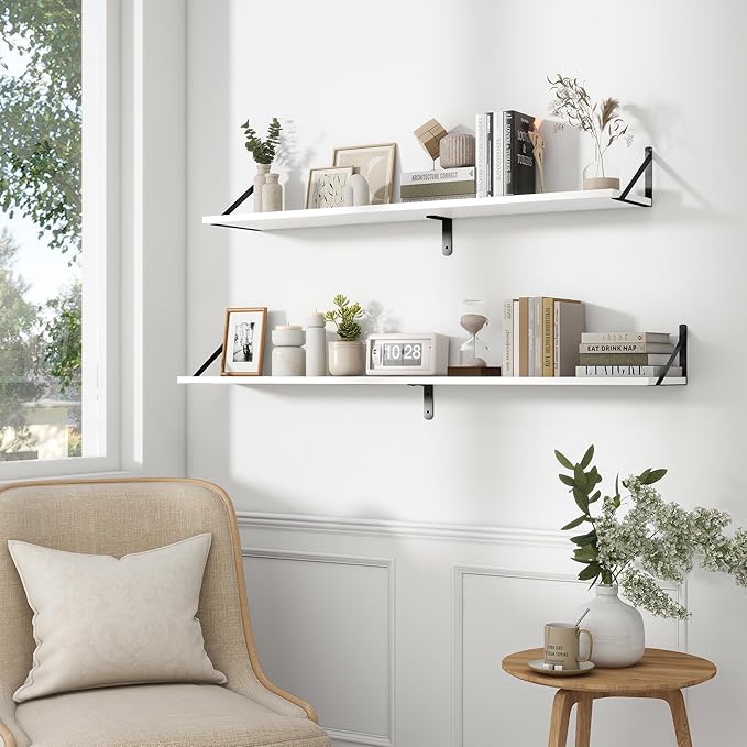 Fun Memories Deep Floating Shelves for Wall, 55W x 8D Wall Mounted Shelves Set of 2, Wide Display Ledge Shelf with Sturdy Metal Brackets for Living Room, Bathroom, Bedroom and Kitchen, White-NeatNest