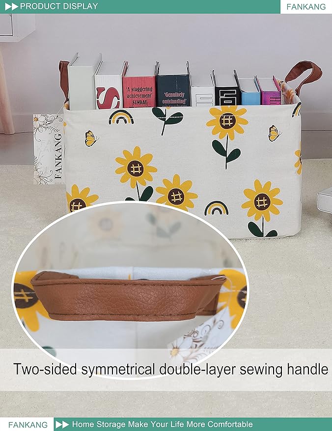 FANKANG Storage Bins, Nursery Hamper Canvas Laundry Basket Foldable with Waterproof PE Coating Large Storage Baskets for Kids Boys and Girls, Office, Bedroom, Clothes,Toys(Rec-Sunflower)