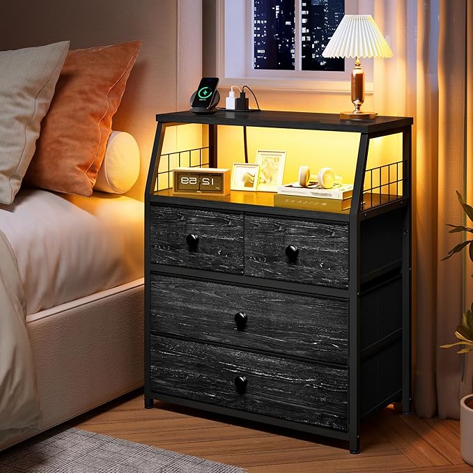 EnHomee Nightstand with Charging Station & LED Lights, 21.8" W Bedside Table with 4 Fabric Drawers, Night Stand with Outlets and 2 Ports for Bedroom, Table with Wood Shelf, Black