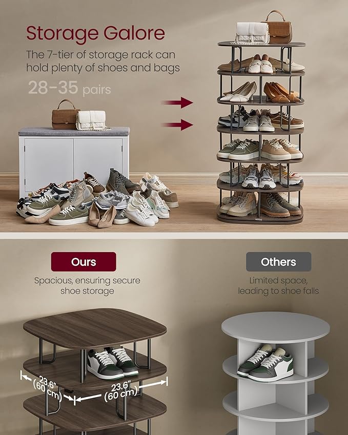 VASAGLE 7-Tier Shoe Rack, Rotating Shoe Rack Tower, Shoe Closet Organizer, Shoe Shelf, 28-35 Pairs, 23.6 x 23.6 x 47.2 Inches, for Entryway, Living Room, Closet, Ink Black and Ash Brown ULBS041B01-NeatNest