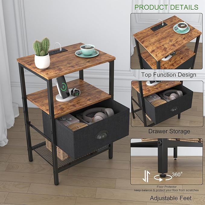 Sthmec Nightstands with Charging Station, LED Bedside Tables with Charging Station and Fabric Drawer, Night Stand with Storage, 3 Tier Side Table with Open Shelf,Nightstand Bedside Table,Rustic Brown