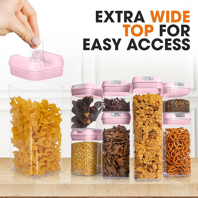 Cheer Collection Stackable Airtight Food Storage Containers - BPA Free Plastic Food Organizer for Pantry with Dry Erase Marker and Labels, Pink (Set of 7)