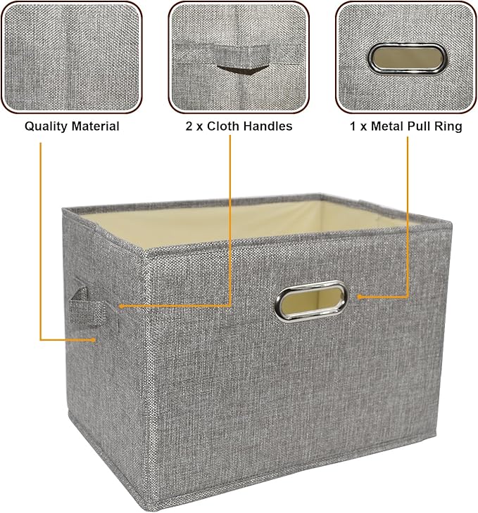 3 Pack Large Linen Collapsible Closet Organizers and Storage Bins with Removable Lids Storage Boxes for Organizing Clothing,Sheets,Toys,Shelves Basket Cube Storage Bin with Handles-NeatNest